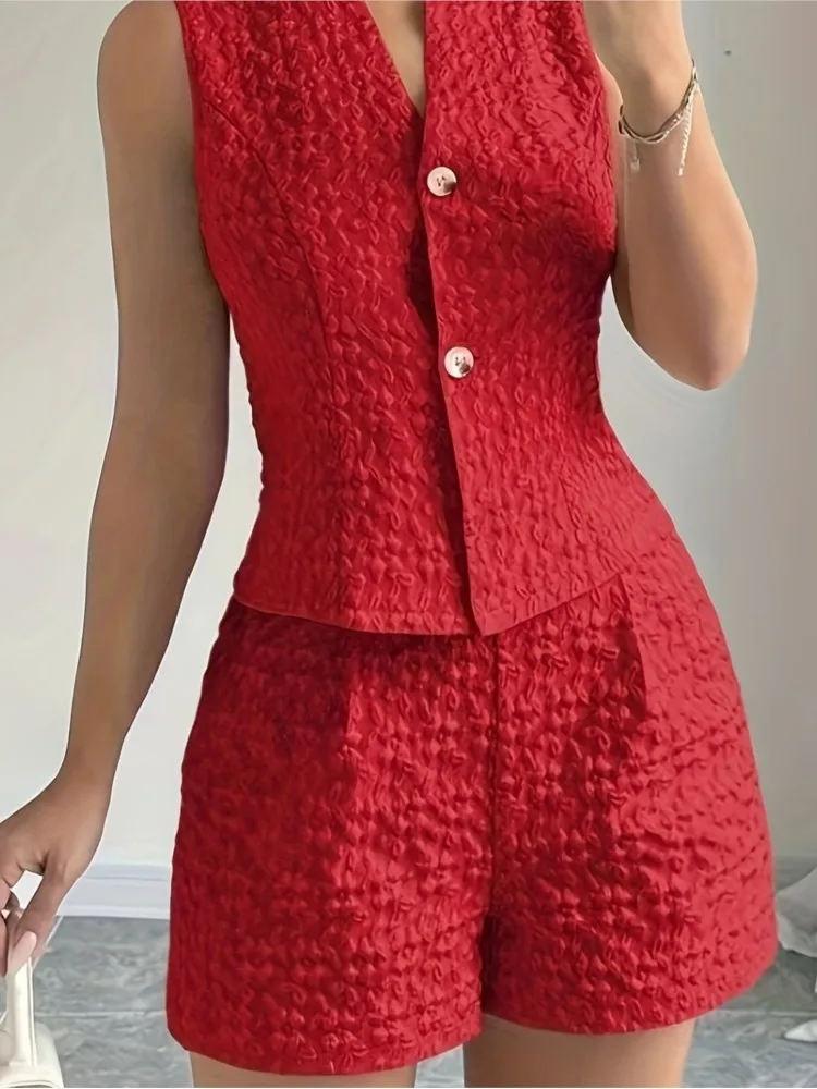 Elegant Solid Color Jacquard Sleeveless Vest Shorts Suit 2026 New Summer Women's Casual Commuting Office Daily Two-piece Set