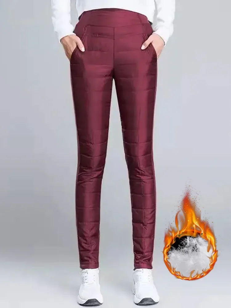 冬用90%ダックダウンペンシルパンツ レディース 厚手 ハイウエスト スリム スノーウェア パンツ カジュアル 暖かい ハイウエスト ふわふわ トラウザーズ XQ86