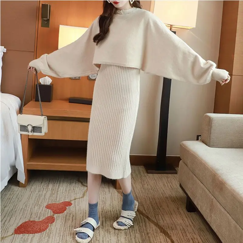 Autumn Winter New Solid Bat Sweater Sets Women Korean Loose Knitted Pullovers + Strap Sleeveless Sweater Dress Two-piece Suits