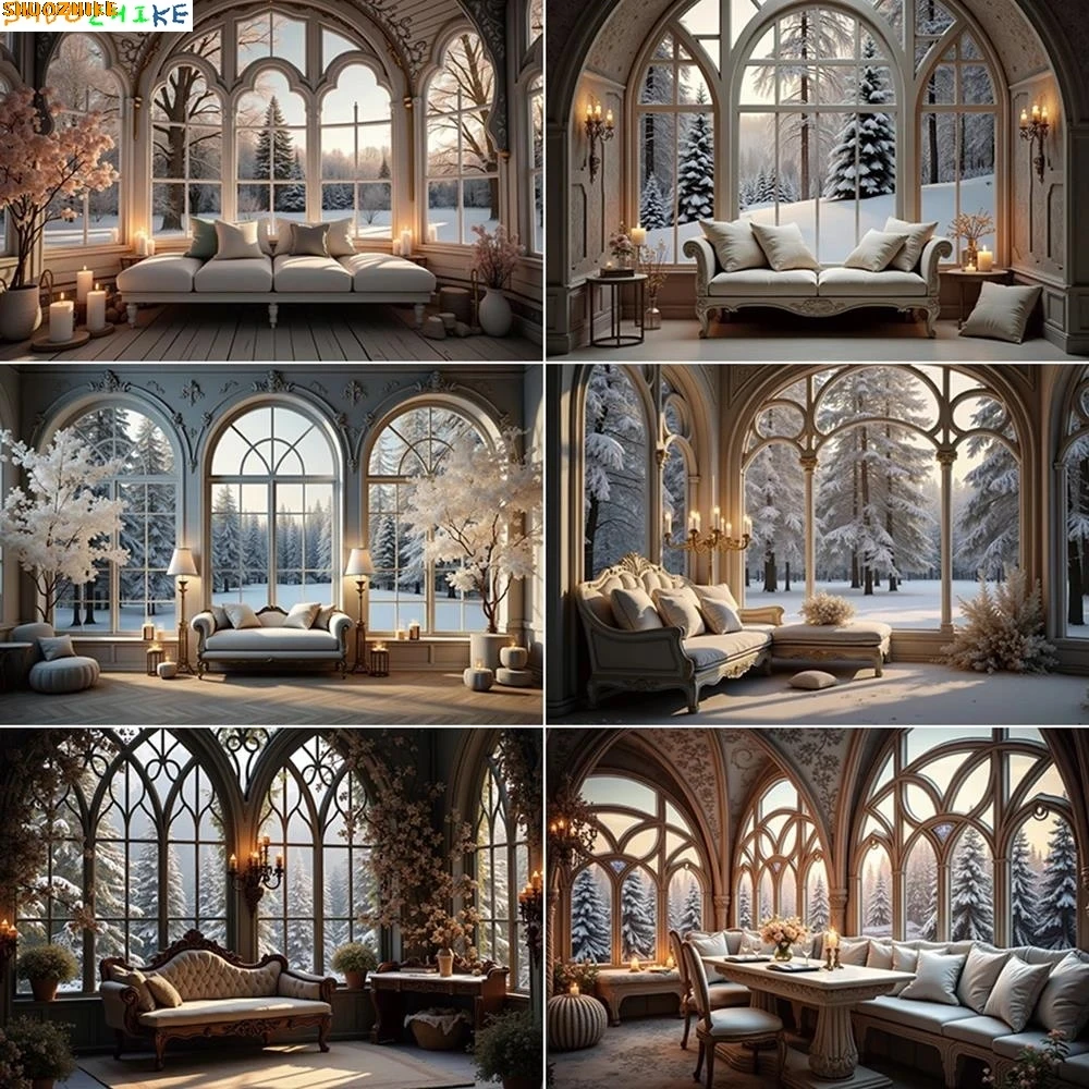 

Winter Home Studio Photography Backdrop Arch Window Pine Tree Snow Globe Background Christmas Deco Photocall Accessories