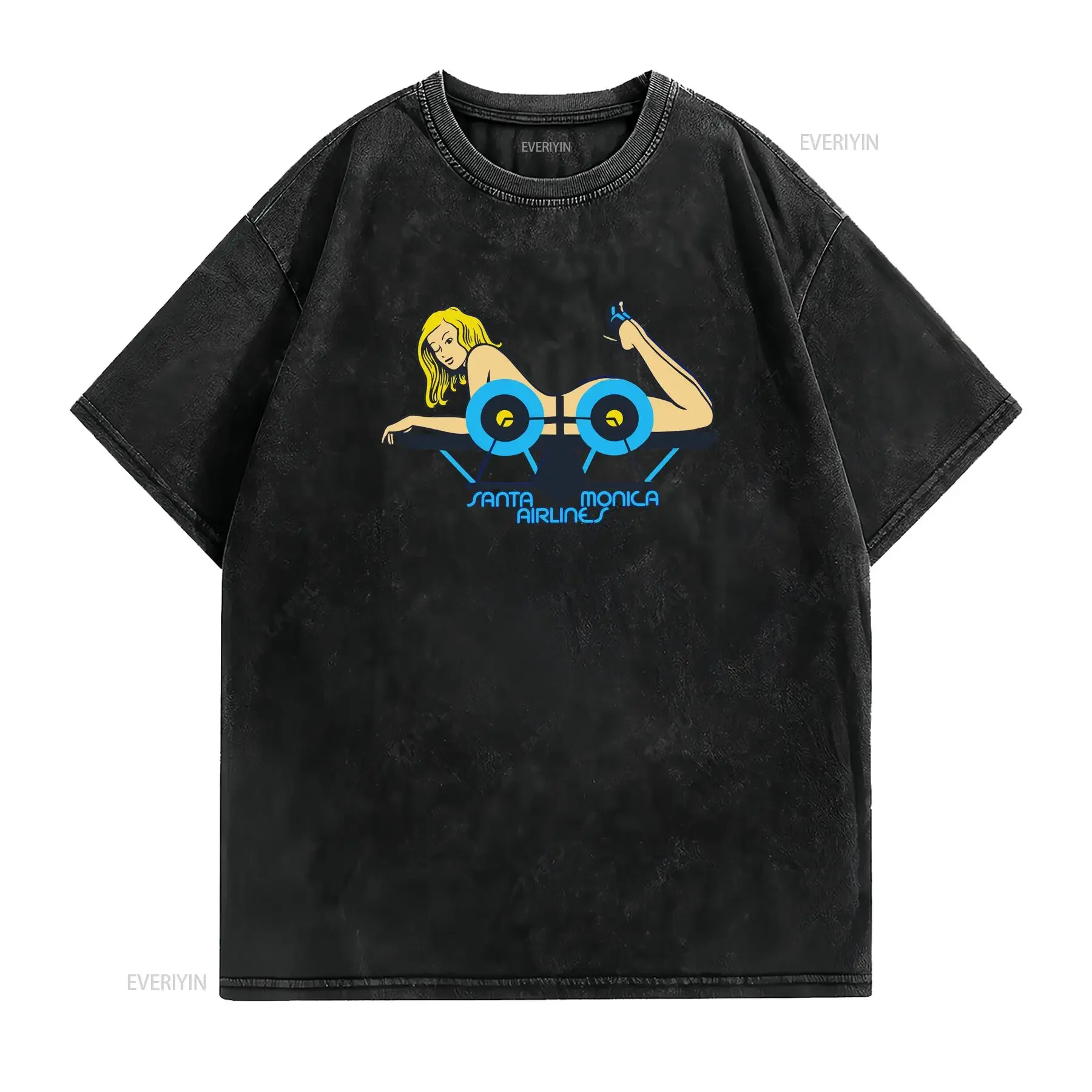 Santa Monica Airlines Skateboards Girl on Plane Men's  T Shirt vintage Washed Comfortable Soft streetwear Slightly