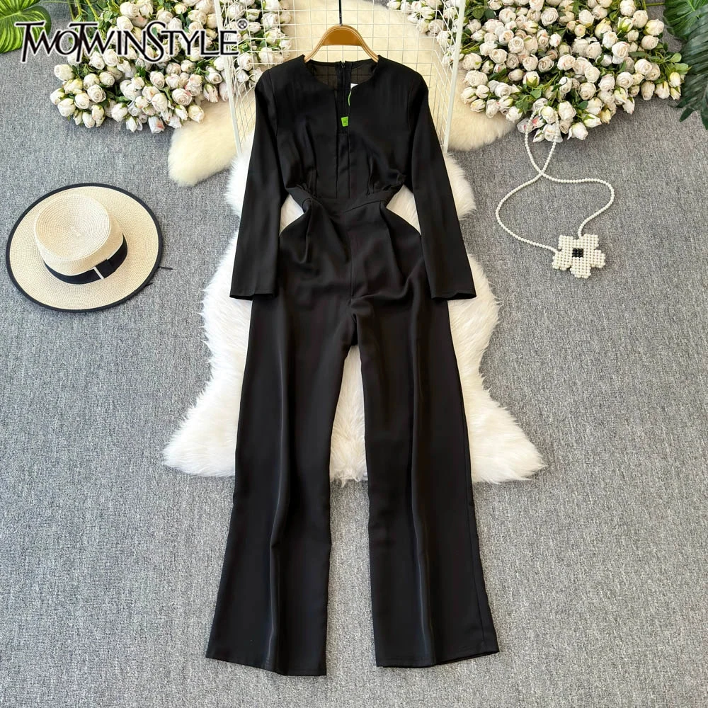 

TWOTWINSTYLE Solid Casual Jumpsuit For Women O Neck Long Sleeve High Waist Wide Leg Spliced Zipper Jumpsuits Female KJU518167