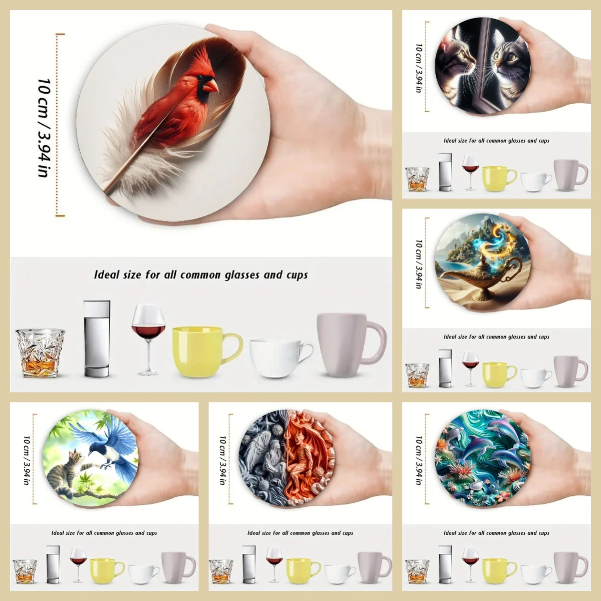 4 anti-slip and heat-insulating wooden coasters with animal patterns, suitable for kitchen and office festival gifts