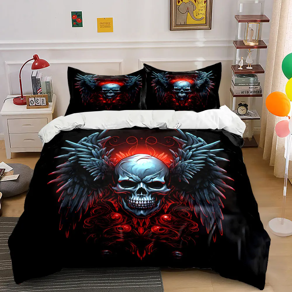 Skull Wing Cool Red-Black Design Print Bedding Set 1 Duvet Cover 2 Pillowcases for Adult and Children Luxury Gift Full Size