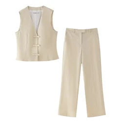 Summer new women's fashion linen blend bow decoration V-neck vest top casual versatile straight leg pants set