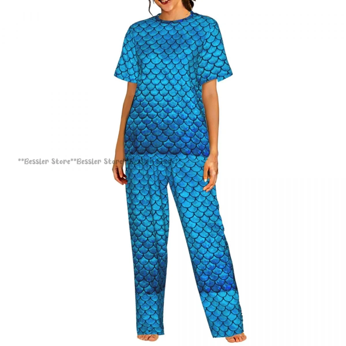

Женские пижамные комплекты, домашняя одежда для сна, ночная одежда с принтом в виде чешуи русалки, с коротким рукавом