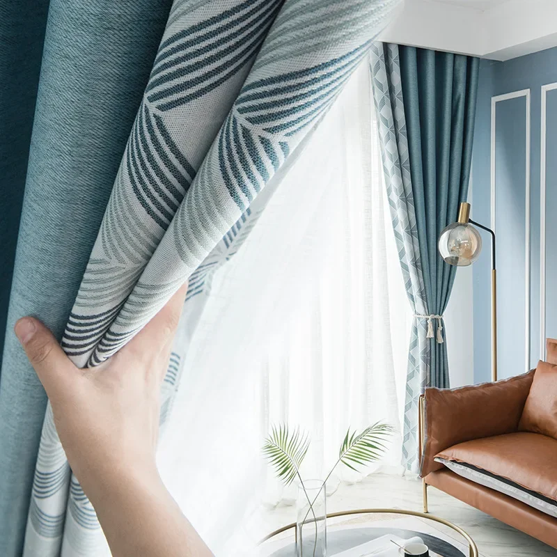 1PC Nordic Modern Linen Blackout Curtains for Living Dining Room Bedroom Customize Stitching Blue Window Smiple Curtains Door