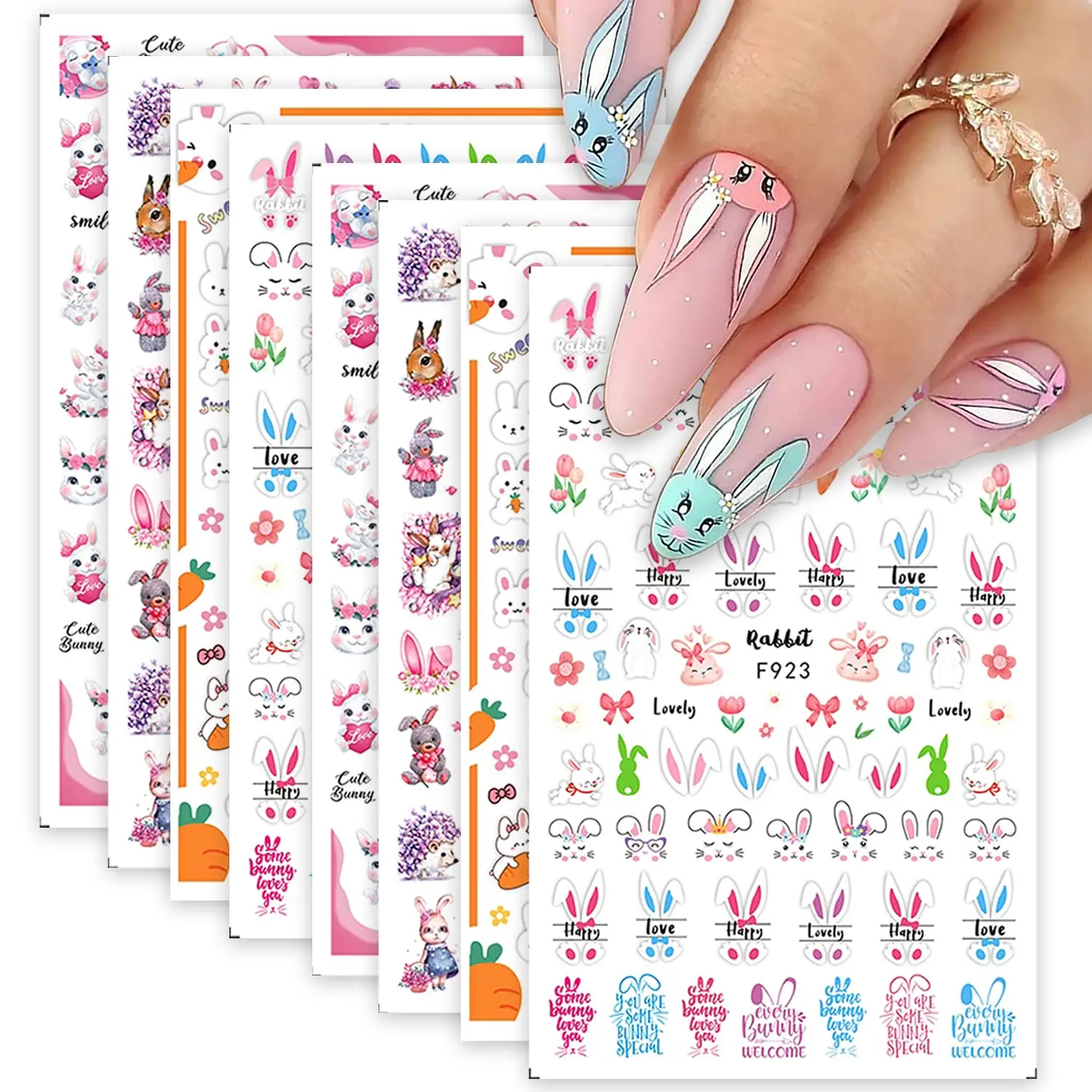 

8 Sheets Nail Art Stickers Decals 3D Self Adhesive Nail Supplies, Rabbit Nail Designs Decorations, DIY Manicure Supplies