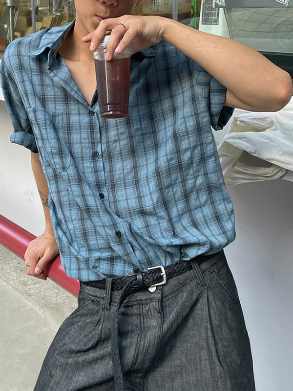 

Summer New Men's Plaid Shirt Short Sleeve Casual Versatile Loose Fit Breathable Youthful Style Retro Hong Kong Style Lazy Top