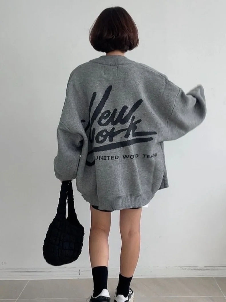 Chic Vintage Autumn Long Sve Knitted Jaet Women's Loose Fit Letter Print Design k Button Street Sle Outerwear