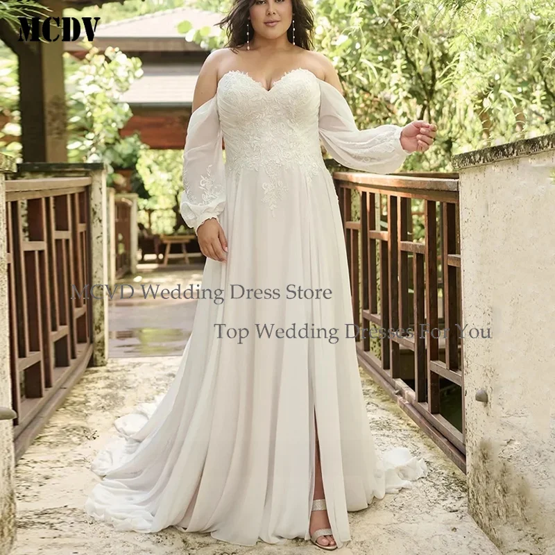 

MCDV Custom Plus Size Wedding Dress Detachable Puff Sleeves Sweetheart Applique Chiffon A Line Bridal Gown Sweep Train