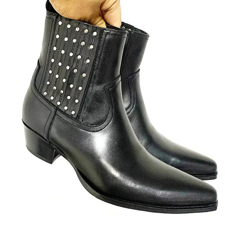 

Men High Top Boots Made Genuine Leather Personalized Rivets Trendy Pointed Tips Classic Comfortable Men Boots