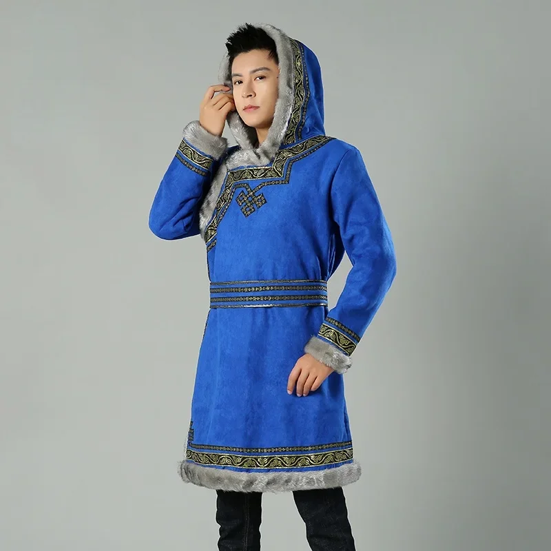 Winter Mongolian Men Jackets Overcoat Parkas Deerskin Fleece Traditional Chinese Clothing for Male Hooded Coats Tang Suits Top