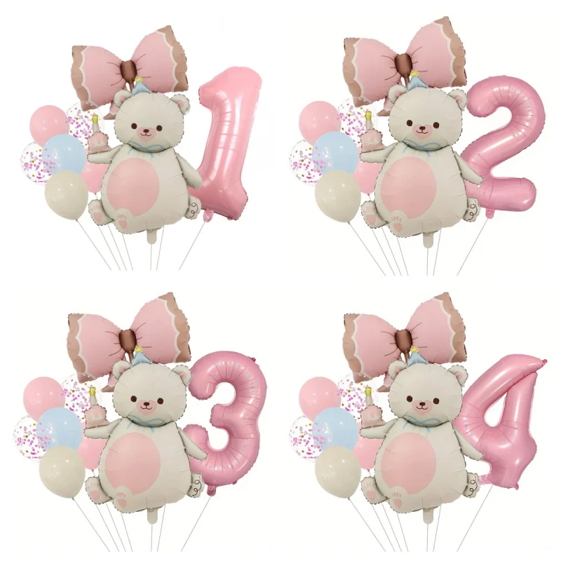 11Pcs Pink Matte Cake Bear Balloon Set with Large Bow 32 Inch Digital Aluminum Foil Balloons for Birthday Wedding Party Decorati