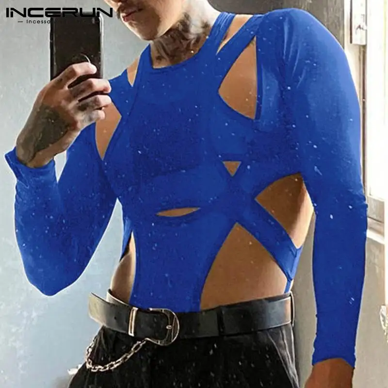 INCERUN Men Bodysuits Solid Color Sexy O-neck Long Sleeve Streetwear Irregular Bodysuit Men Hollow Out Fitness Tops Romper S-5XL