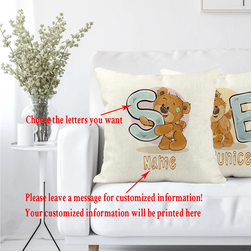 Alphabet Bear Pillow Case Customized Pillow Cover with Name Sofa Decorative Cushion Dust Cover Child Birthday Shower Gifts