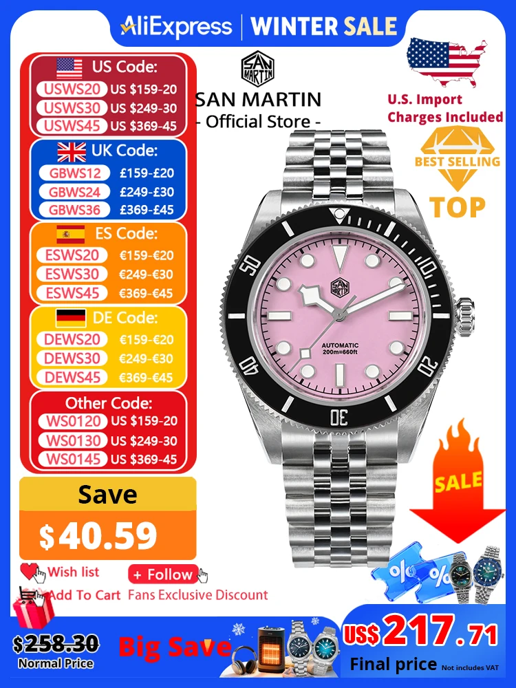 

San Martin 40mm Pink BB Diver Watch NH35 Top Brand Classic Luxury Men's Automatic Mechanical Sapphire Waterproof 200m SN0128