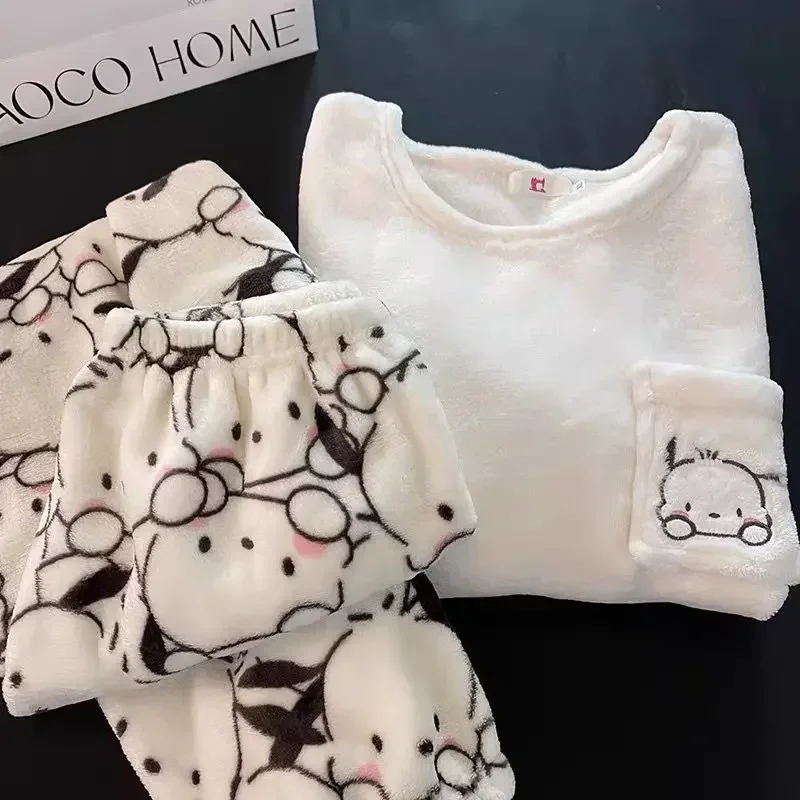 Hello Kitty Pochacco Kuromi Girls New Japanese Cute Cartoon Print Thickened Coral Velvet Warm Antibacterial Home Clothing Set