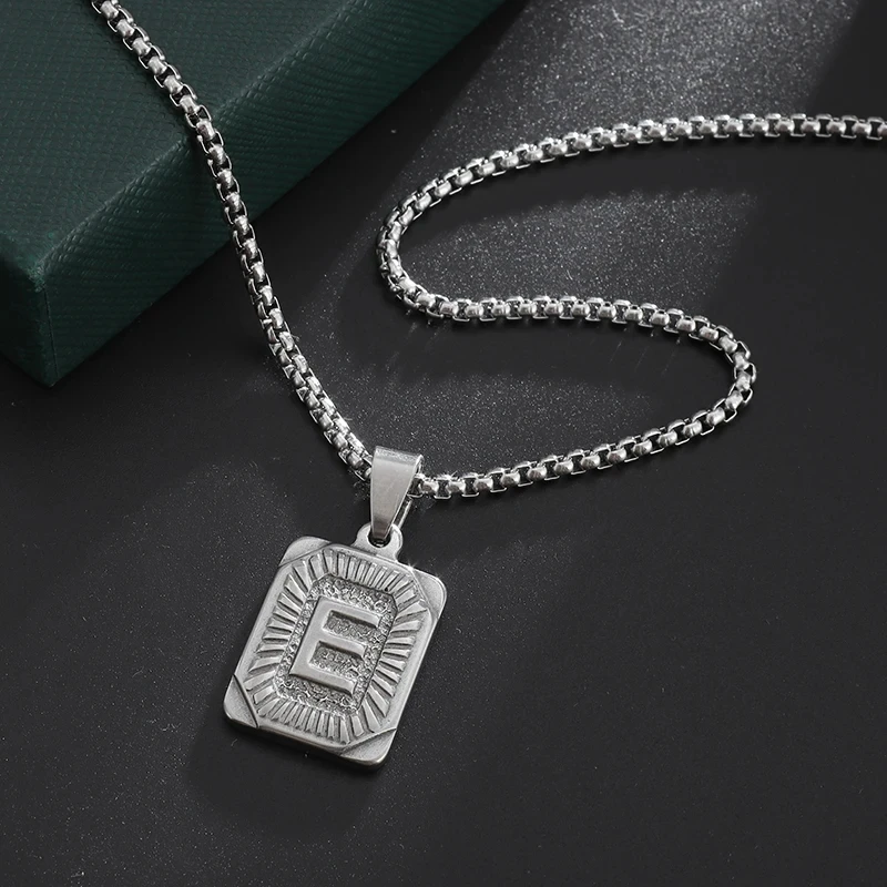 Trendy Hot Selling Initial A-Z Name Square Pendant Stainless Steel Necklace for Men Women Couples Keepsake Gifts