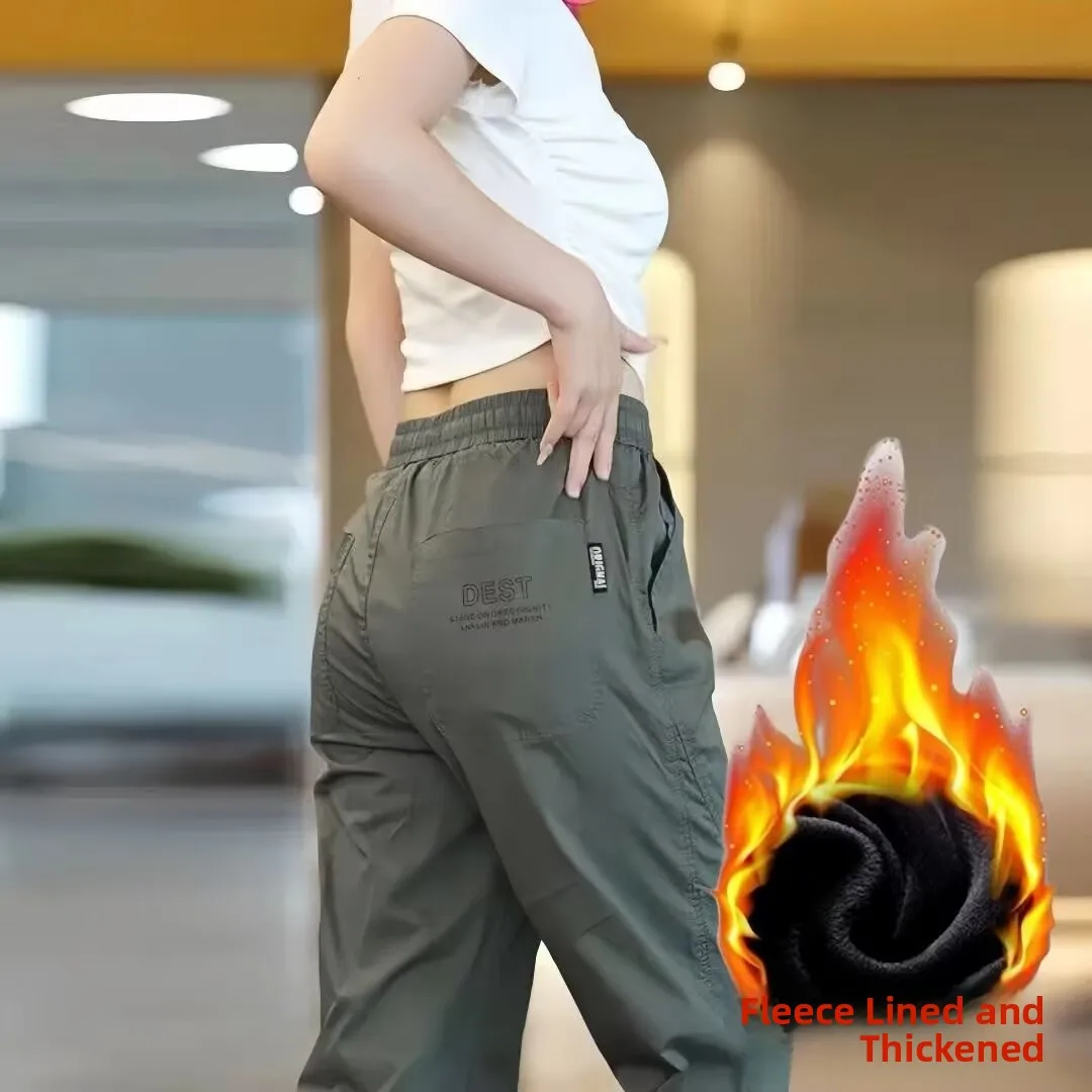 

Women's Fleece Lined Casual Pants Loose Fit Korean Style Harlan Pants with Pocket Thermal Trousers for Winter