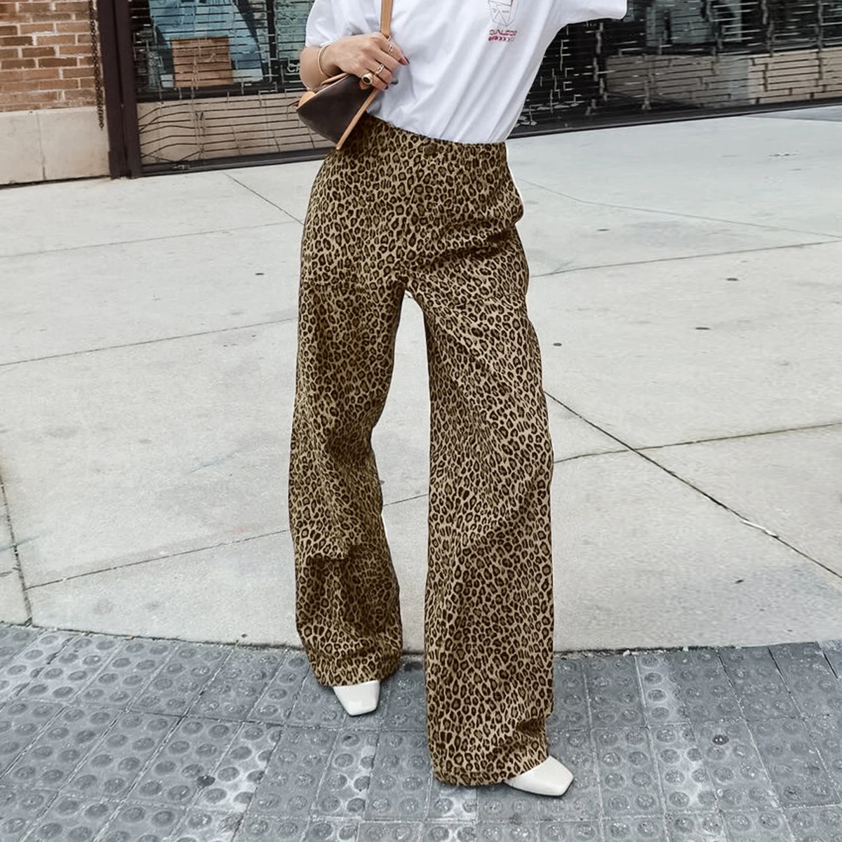 Leopard Cotton Loose Wide Leg Pants Women Korean High Waist Fashion Long Pant Ofiice Lady Casual Baggy Trousers Streetwear 2025