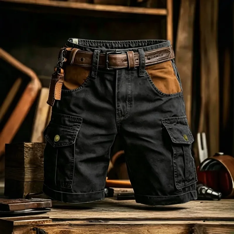 Men's Cotton Cargo Shorts Summer Loose Fit Multi Pocket Straight Leg Casual Five Point Pants Retro Workwear Style
