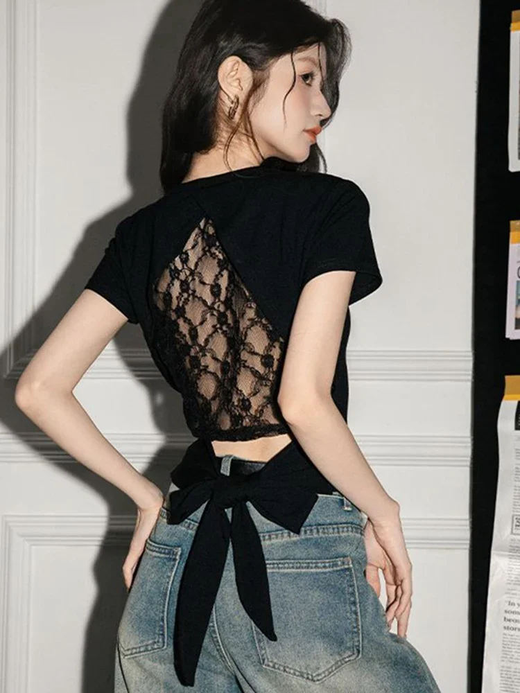 

Hollow Out Lace Y2k T Shirt Women Slim Sexy Cropped Back Bow Patchwork Tees American Vintage Casual Streetwear Black Tops
