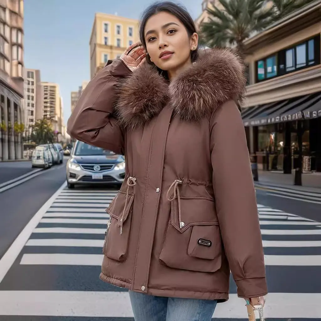 

Women's Mid-Length Hooded Cotton-Padded Coat Winter Thickened Lamb Wool Pike Clothing