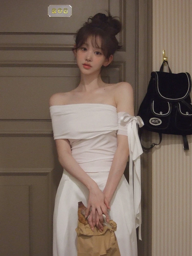 

Футболка приталенного кроя Sweet Knot на одно плечо для девочек, корейская версия, ort Sve, полиэфирная ткань