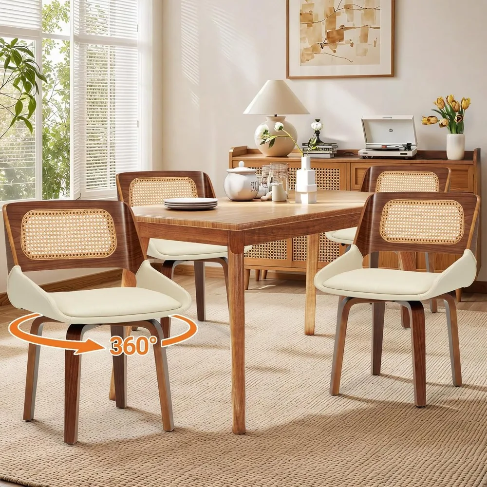 

4PCS Swivel Dining Chairs with Cane Back, Bentwood Kitchen Chairs with Faux Leather Seat and Adjustable Foot Pads for Kitchen,