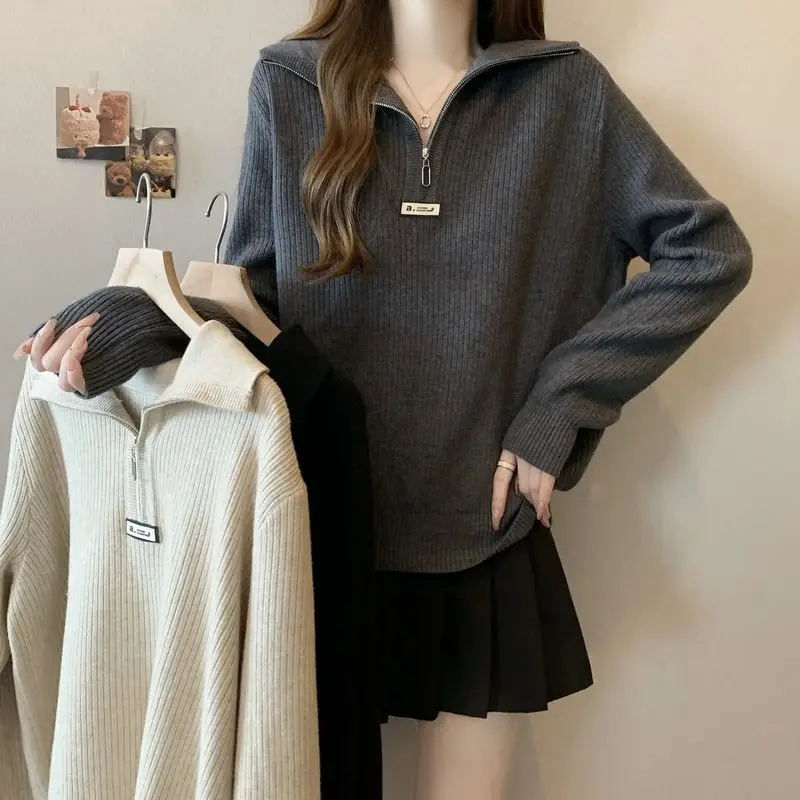 Half-zip Pit Striped Sweater Top Women Autumn Winter Warm Long-sleeved Sweater Base