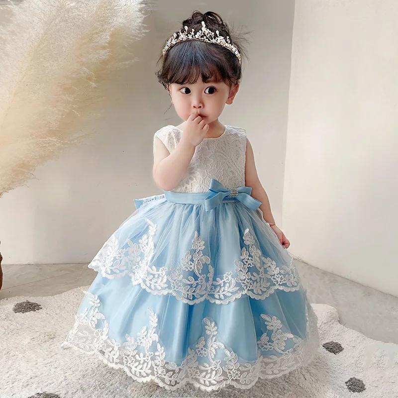 Lovely Lace Printing Layered Bow Princess Flower Girl Dress Wedding Party Ball First Communion Dresses Dream Kids Birthday Gift