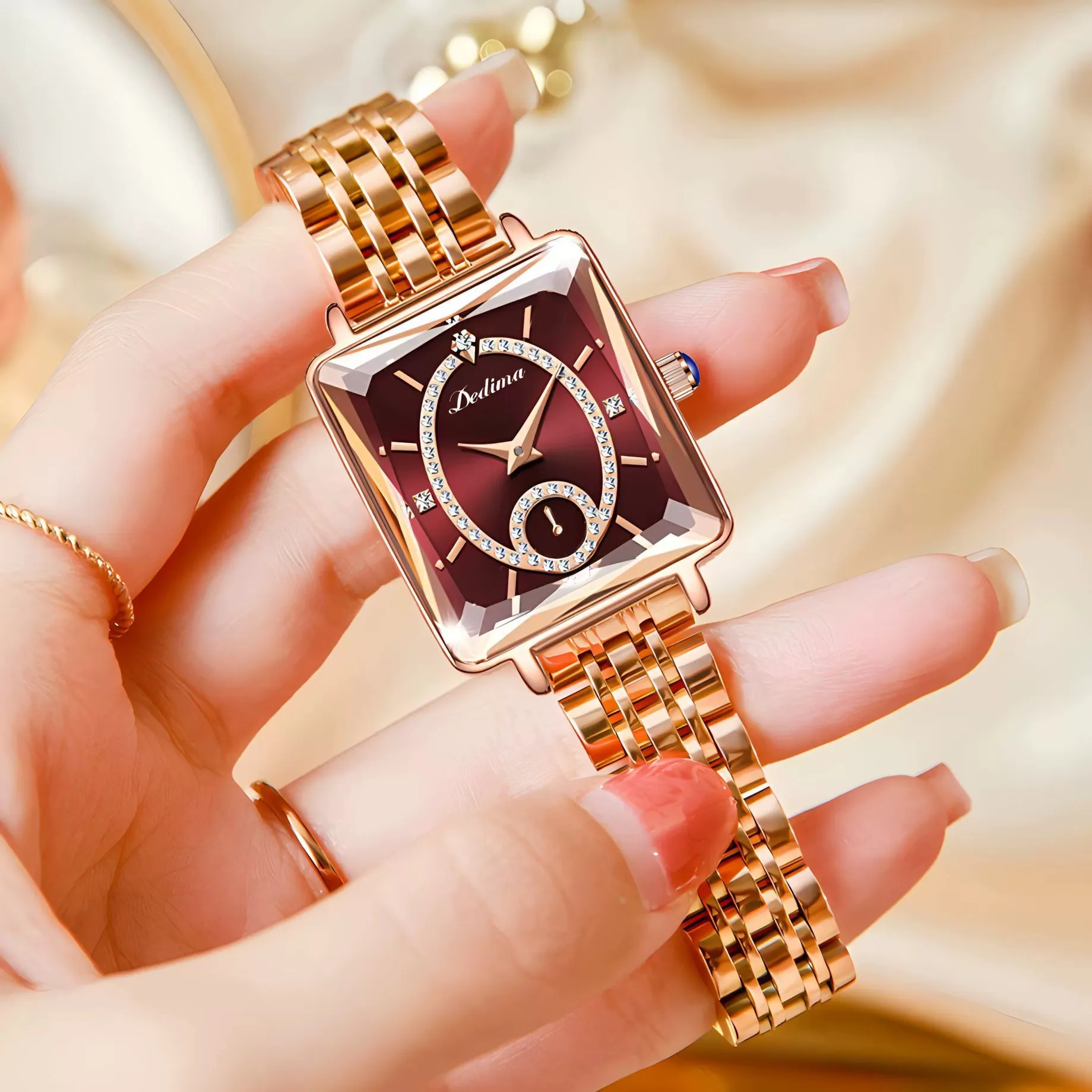 Reloj de cuarzo con tira de acero resistente al agua y esfera azul de lujo para mujer, reloj de negocios a la moda con diamantes de imitación, reloj femenino