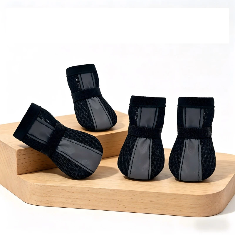 4 Stück/Set Rutschfeste Netz-Hundeschuhe Atmungsaktive Verschleißfeste Haustier-Stiefel mit Reflektorstreifen und Klettverschluss Pfotenschutz – Detail 2