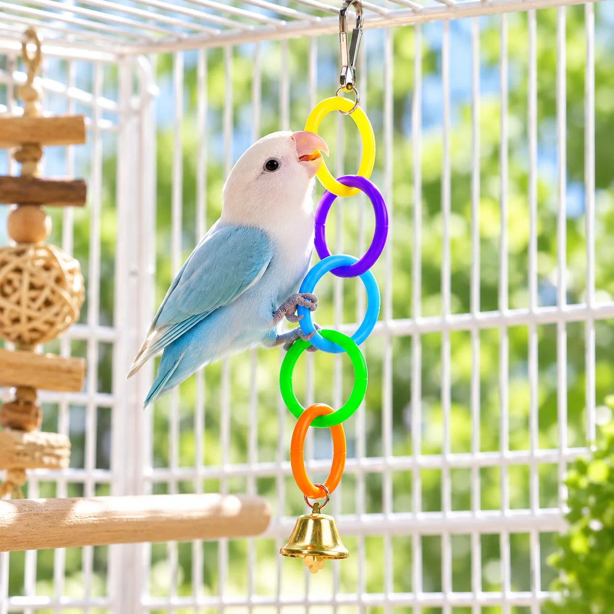 Colorful Bird Hanging Ring Toy with Bell, Parrot Climbing and Chewing Play Accessory for Small Birds, Cage Enrichment Training T