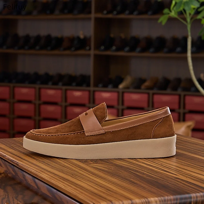 Luxury Brown Men's Cow Suede Loafers Casual Driving Shoes Comfortable Flat for Men Genuine Leather Breathable Male Walking Shoes
