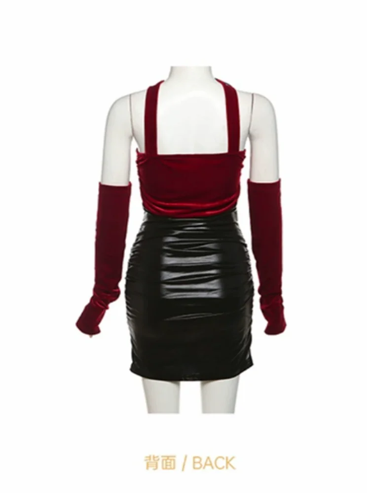 Mini vestido de fiesta de retazos de cuero PU con cuello Halter Sexy sin tirantes para niña pequeña, vestido de tubo con contraste de Color a la moda de verano 2025