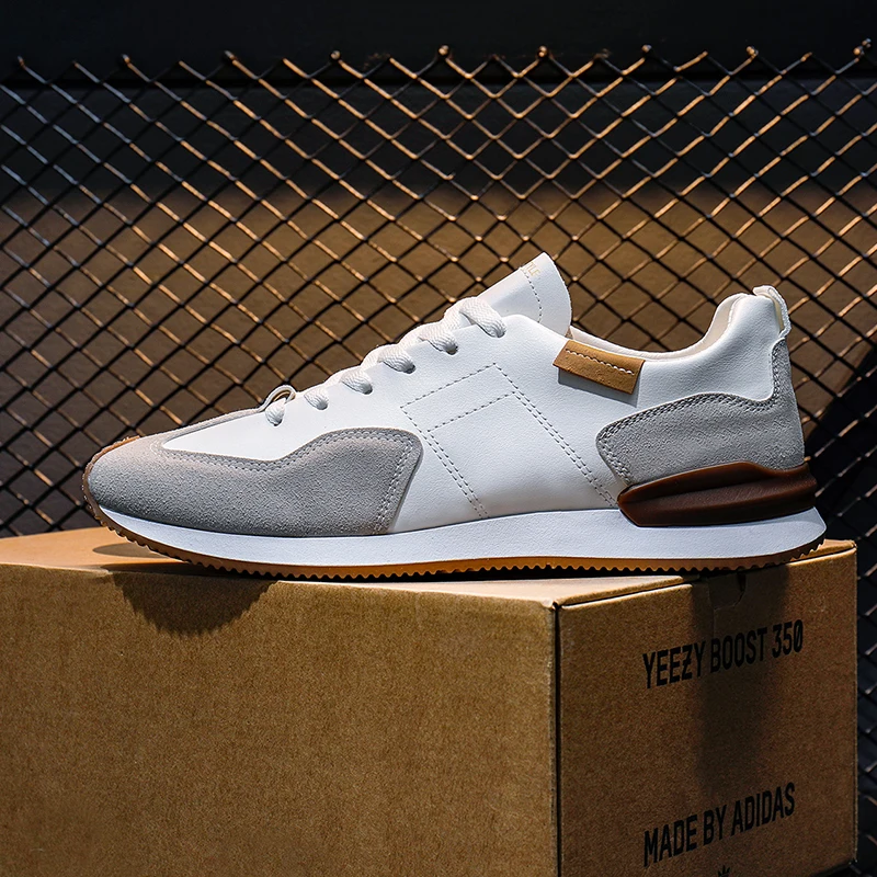 New Men Leather Running Shoes Lightweight Non-slip Sneakers Fashion Male Casual Comfortable Lace Up Walking Tenis Shoes