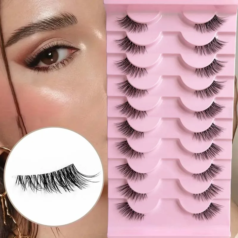 Medias pestañas, apariencia natural, 10 pares de pestañas gruesas de gato, pestañas tenues de 10mm con pestañas postizas cortas, aplicación masc