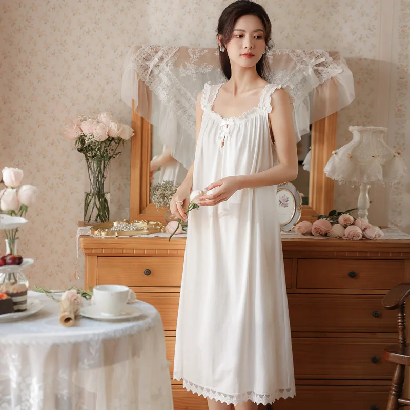 Summer Cotton Sleeveless Night Dress Women White Long Nightdress Sweet Lace Peignoir Victorian Nightgowns Princess Sleepwear