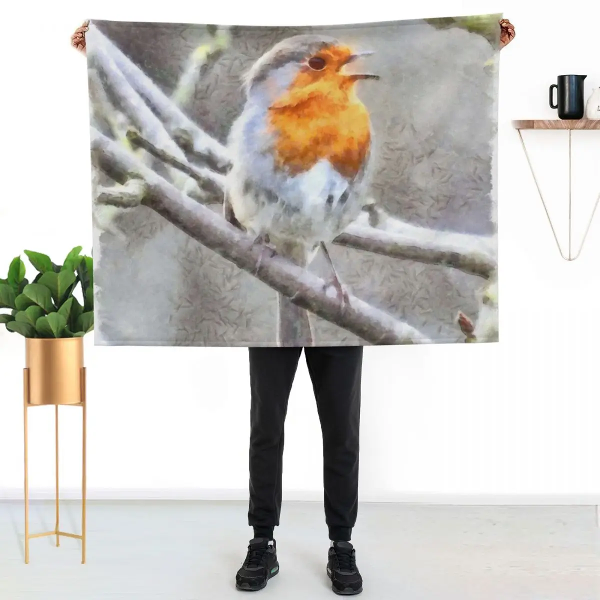 Angelic Robin Watercolor Throw Blanket Fluffy Cozy Throw Blanket for Home Decor
