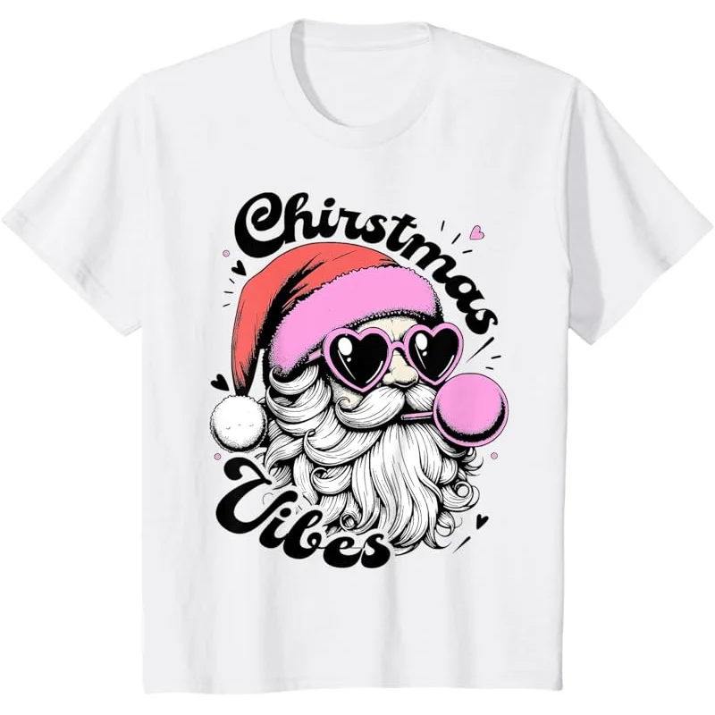 Camiseta vintage rosa Papai Noel vibrações de Natal soprando bolha Pjs