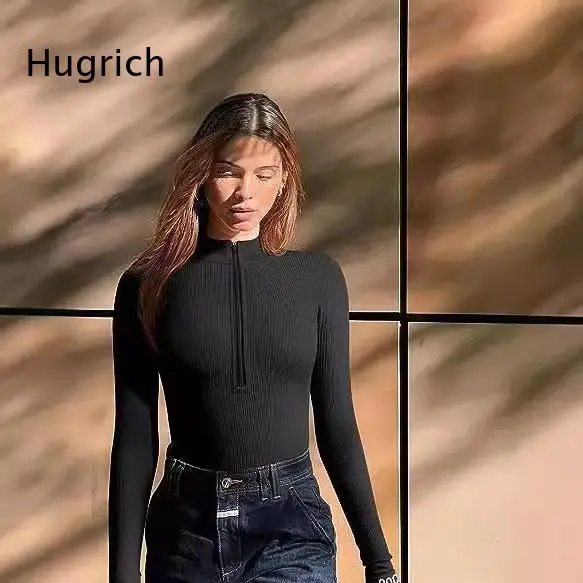 Women Half Zip Up Long Sleeve Bodysuit Ribbed Knit Slim Fit Mock Neck Jumpsuit Top For Daily Wear Outdoor Activity Dating