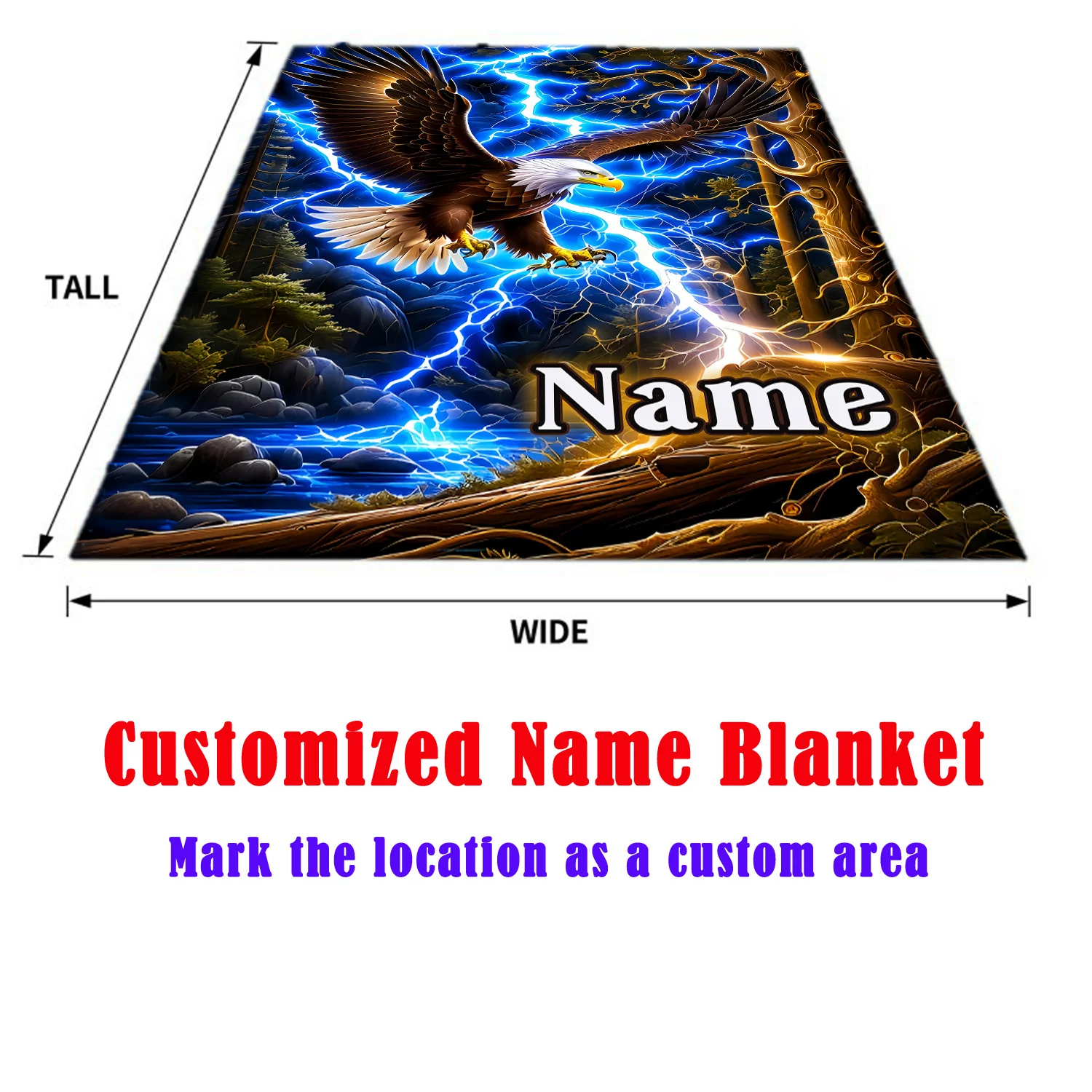 Customize 1pc Forest Lightning Eagle Custom Name Print Portable- Keep Warm in Winter Lightweight Flannel Throw for Sofa, Bed, Tr