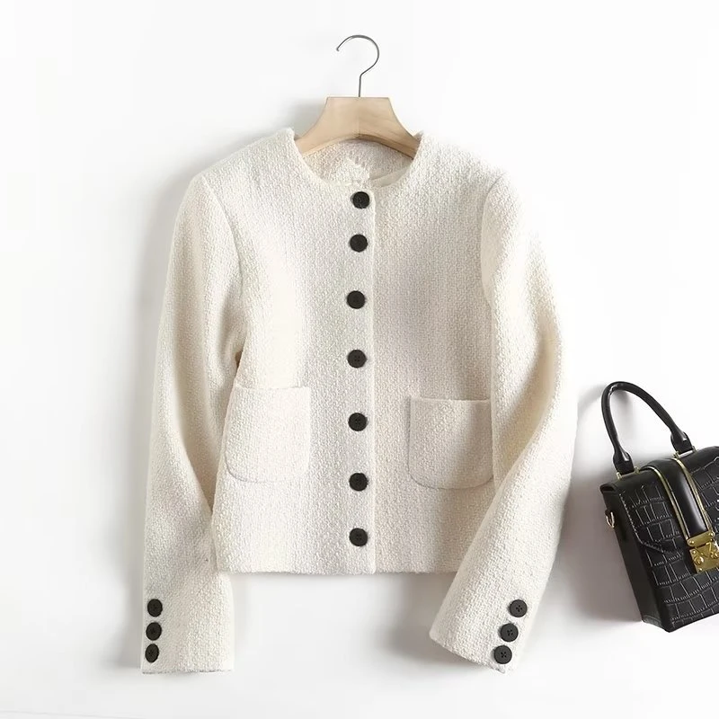 

Dave&Di French Style Fashion Jacket Tops Elegant Tweed Beige Color Single Breasted Jacket Women