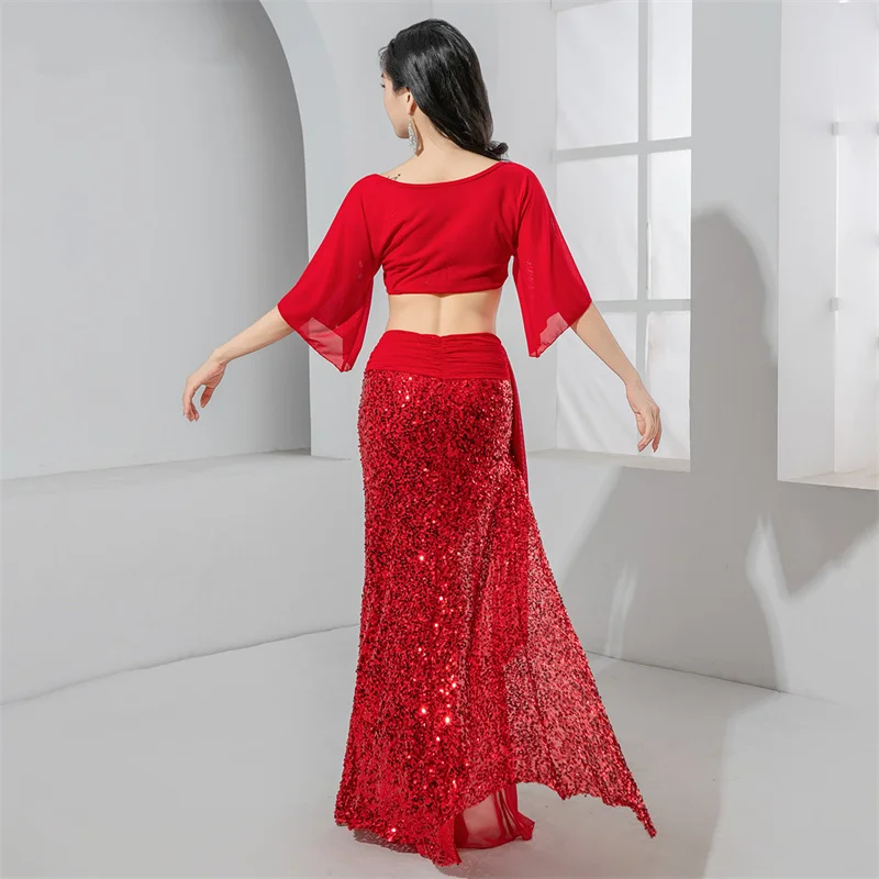 Brilho lantejoulas dança traje feminino solto dança do ventre topo sexy lado dividir saia longa fio de água dancewear prática palco mostrar 2025