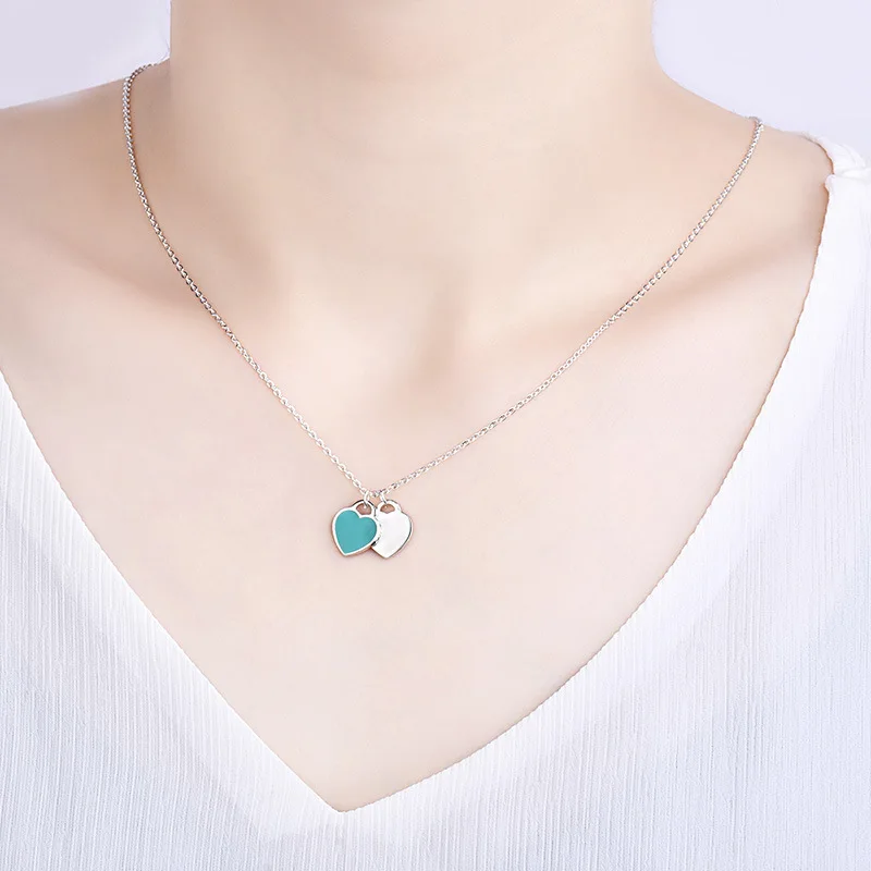 Popular Online Necklaces Sold In Red Blue Pink Minimalist And Versatile Styles Dropping Oil Double Love Necklaces Cute/romantic