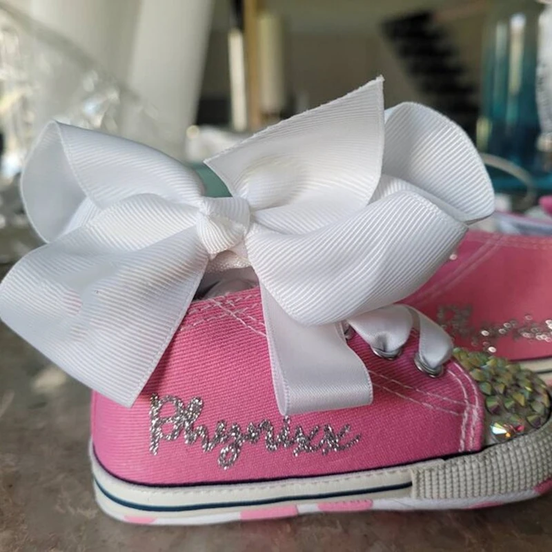 Pink Personalized Name Baby Shoes Boy Girl First Walking Nursery Deco Glitter Customized Baby Shower Sneakers