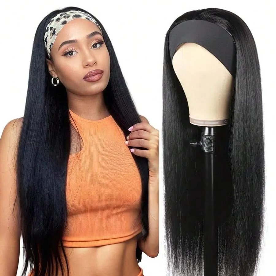 Parrucca con fascia, capelli naturali, parrucche per donna, realizzate a macchina, parrucche con capelli naturali, facili da indossare, fascia per capelli, parrucca liscia per donna.