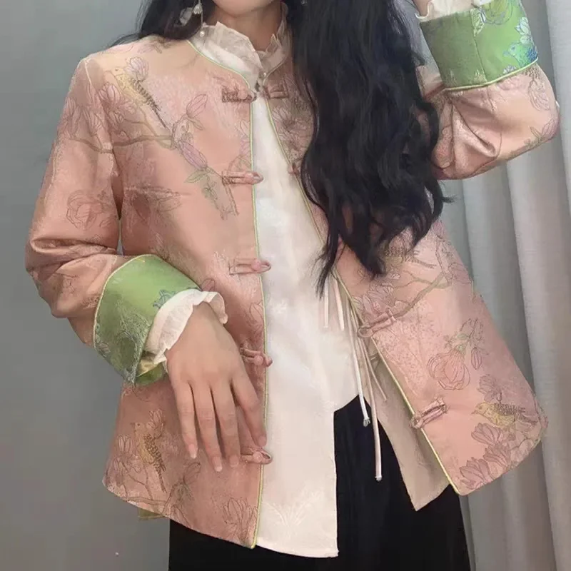 

Spring Autumn Women Leisure Round Neck Jacket Retro Ladies Long Sleeves Tops 2025 Femme High-end Improved Cheongsam Buckle Coat